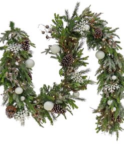 9 ft. Pre-Lit Alpine Decorated Garland with Warm White LED Lights