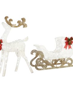 48 in. Pre Lit Sisal Reindeer and Sleigh Decoration with Cool White LED Lights