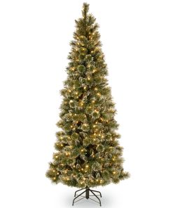 6.5 ft. Pre-Lit Glittery Bristle Pine Slim Tree with Warm White LED Lights
