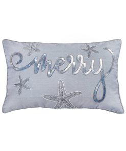14 in by 22 in. Coastal Merry Embroidered Pillow. Blue. Silver