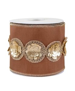 4 in. HGTV Home Collection Sequin Beaded Taffeta Ribbon. Brown