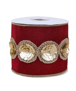 4 in. HGTV Home Collection Sequin Beaded Velour Velvet Ribbon. Burgundy