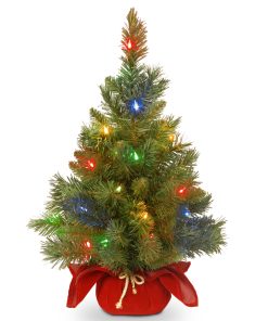 2 ft. Pre-Lit Majestic Fir Tree with Multicolor LED Lights. Red Base