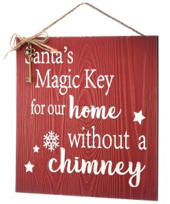 10 in. Santa's Key Door Christmas Sign. Red with White Lettering and Decorative Ornate Key. Stars and Snowflakes