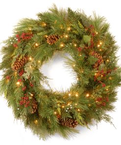 30 in. Pre-Lit White Pine Wreath with Warm White LED Lights