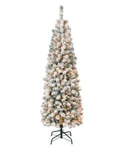 6 ft. Pre-Lit Acacia Pencil Slim Flocked Tree with Clear Lights