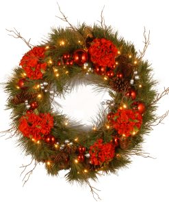 24 in. Pre-Lit Hydrangea Pine Wreath with Warm White LED Lights
