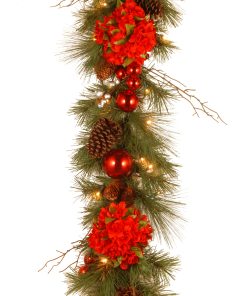 9 ft. Pre-Lit Hydrangea Pine Garland with Warm White LED Lights