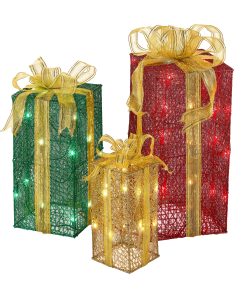 Pre-Lit Multicolor Gift Boxes. Set of Three. White Lights