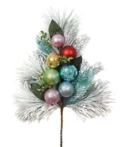 29 in. Snowy Pine Decorated Branch Spray with Snow Covered Bristles. Gold Sprouts