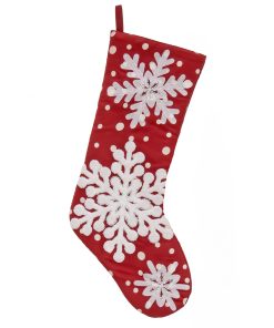 20 in. Red Stocking with Snowflake Embroidery. White Dots. and Bead Details
