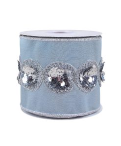 4 in. HGTV Home Collection Sequin Beaded Taffeta Ribbon. Blue