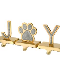 5 in. 3-Piece Silver Sparkle JOY Christmas Stocking Holders. Silver and Gold with Paw Print