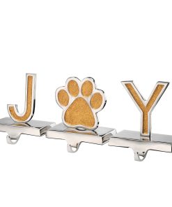 5 in. 3-Pieces Gold Sparkle JOY Christmas Stocking Holders. Gold and Silver with Paw Print