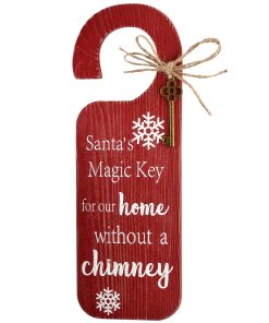 12 in. Santa's Key Doorknob Christmas Sign. Red with White Lettering and Decorative Ornate Key. Snowflakes