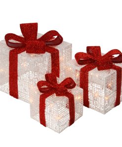 Pre-Lit White Gift Boxes. Set of Three. White Lights