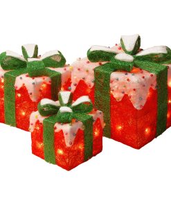 Pre-Lit Red and White Gift Boxes. Set of Three. White Lights