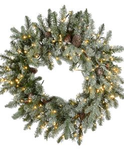 24 in. Pre-Lit Snowy Morgan Spruce Wreath with Dual Color LED Lights