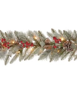9 ft. Pre-Lit Snowy Bristle Berry Garland with Clear Lights