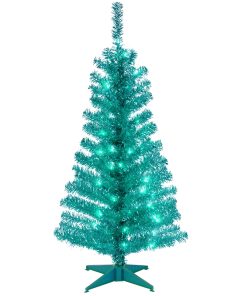 4 ft. Pre-Lit Tinsel Collection Turquoise Tree with Clear Lights