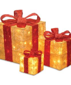 Pre-Lit Gold Gift Boxes. Set of Three. 105 White Lights