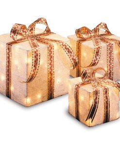 Pre-Lit White and Gold Gift Boxes. Set of Three. White Lights