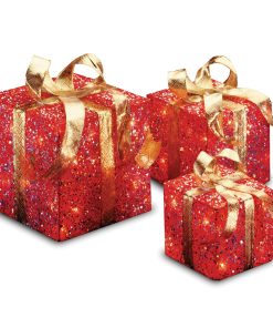 Pre-Lit Red Gift Box with Gold Bow. Set of Three. White Lights
