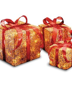 Pre-Lit Gold Gift Box with Red Bow. Set of Three. White Lights